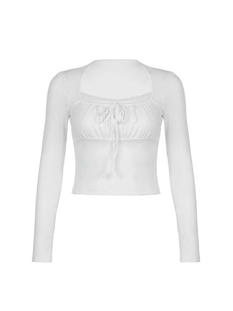 Slim Lace Long Sleeve Top – Kawaii Square Collar Women's T-Shirt