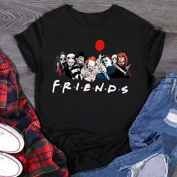 Women's Oversized Horror Characters Tee – Halloween Fashion Top