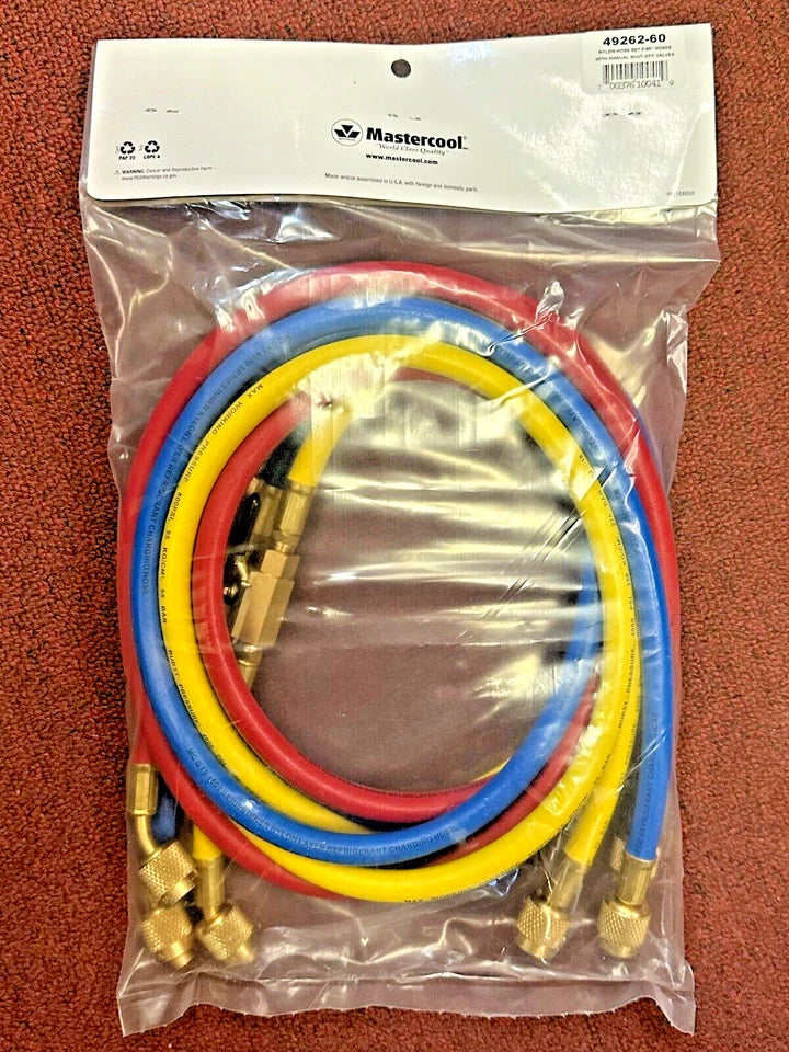 Mastercool 49262-60 60" High Pressure Refrigerant Charging Hose Set with Manual Ball Valve Ends – 1/4" SAE HVAC Service Hoses