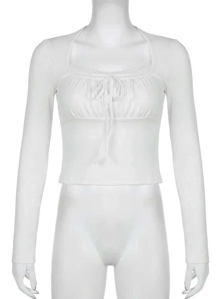 Slim Lace Long Sleeve Top – Kawaii Square Collar Women's T-Shirt